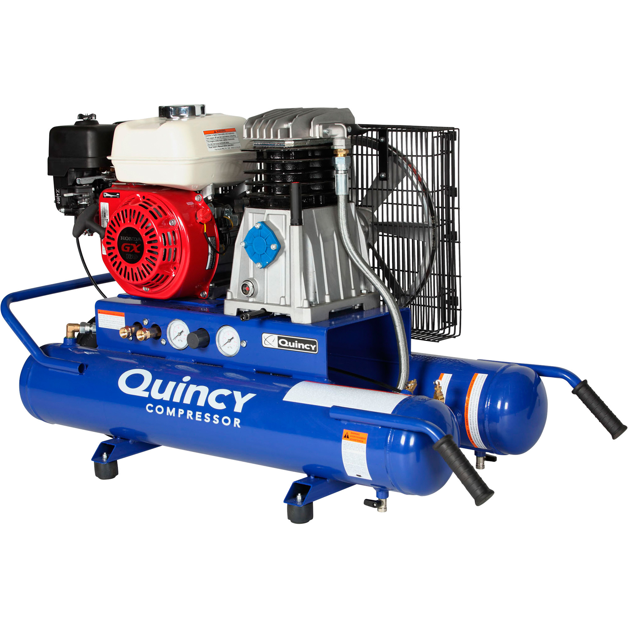 Quincy Gas-Powered Wheelbarrow Portable Air Compressor, 5.5 HP Honda, Two 4-Gallon Horizontal Tanks, 11.1 CFM, Model# G15H8WQ